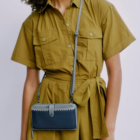 The Sak Iris Smartphone Crossbody Purse - Women's Cellphone Bag & Wallet For Everyday - Convertible Wristlet With Zipper in Dusty Blue Block/Leather The Sak