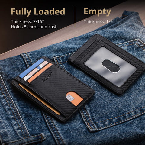 Buffway Slim Minimalist Front Pocket RFID Blocking Leather Wallets for Men and Women - Carbon Fiber Black