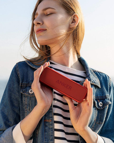 Anker SoundCore 2 Portable Bluetooth Speaker, Wireless, Enhanced Bass, 24-Hour Playtime, 66ft Range, IPX7 Water Resistant, Built-in Mic, Ideal for Travel, Compact and Easy to Use - Red Anker