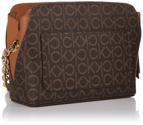 Calvin Klein Hailey Signature Triple Compartment Chain Crossbody, Brown/Khaki/Caramel Linear Calvin Klein