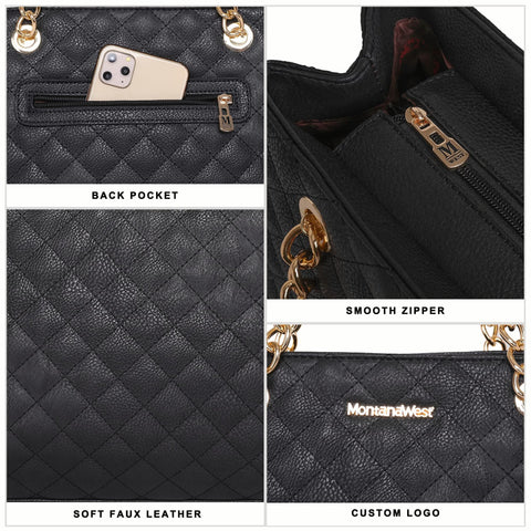 Montana West Tote Bag for Women Quilted Chain Handbags Shoulder Purse Black Gift MWC-040BK Montana West