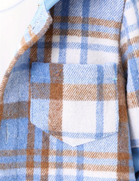 Fdqin 2Pcs Kids Boys Flannel Plaid Shirt Tops Pants Set Hoodie Sweatsuit for Fall Winter Spring Outfits Blue 9-10Year