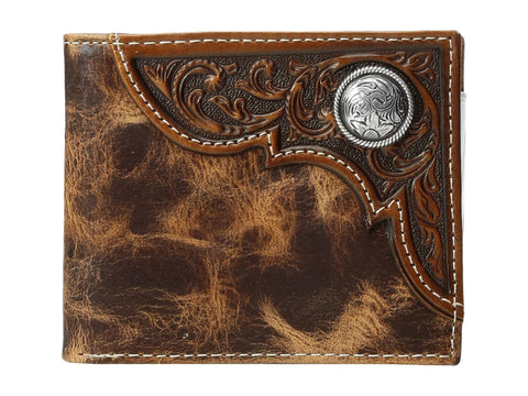 ARIAT Men's Distressed Corner Over Circle Trifold Wallet, tan, One Size ARIAT