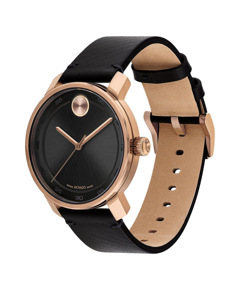 Movado Bold Access Men's Swiss Quartz 3600945 Watch with Ionic Plated Rose Gold Tone Steel Case and Black Leather Strap, in Sleek, Sporty Elegance Movado