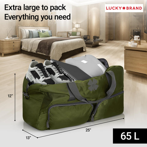 Lucky Travel Duffel Bags 65L, Gym Bag, Travel Bag & Large Duffle Bag for Men, Foldable Overnight Weekender Bags for Women & Men with Adjustable Shoulder Strap, Loden Green Lucky Brand