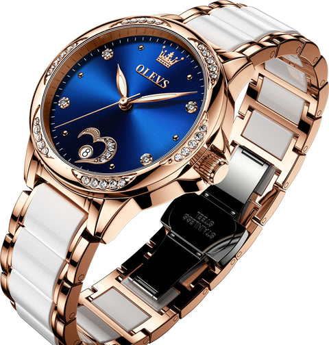 OLEVS Womens Automatic Watches Self Winding Ladies Diamond Wrist Watch Luxury Dress Rose Gold Ceramic Watch for Women Love Heart Date OLEVS