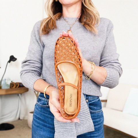 IBDPOSH Brown Woven Mesh Ballet Flats Shoes for Women with Strap Charming Comfortable Casual Elegance Flat Mary Janes Suitable for Woven Bags Size 8
