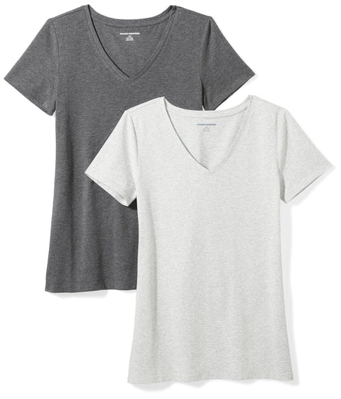 Amazon Essentials Women's Regular-Fit Short-Sleeve V-Neck T-Shirt, Pack of 2, Charcoal Heather/Light Grey Heather, X-Large Amazon Essentials