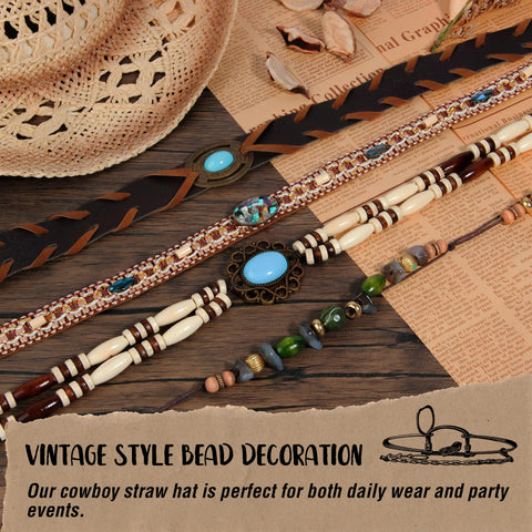 Straw Cowboy Hat Western Cowgirl Hat with Four Decorative Bands, Hat Size Fits 21 7/8 to 23, Wide Brim, Beige