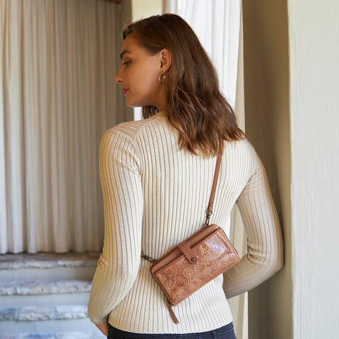 The Sak Iris Smartphone Crossbody Purse - Women's Cellphone Bag & Wallet For Everyday - Convertible Wristlet With Zipper in Tobacco Floral Embossed/Leather The Sak