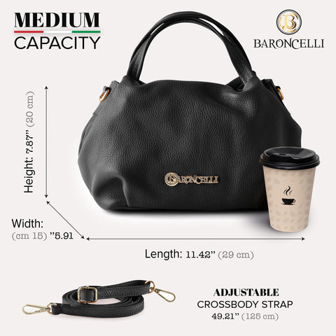 Baroncelli Italian Black Leather Purse for Women Genuine Soft Leather Medium Size Shoulder Crossbody Bag Made in Italy Baroncelli