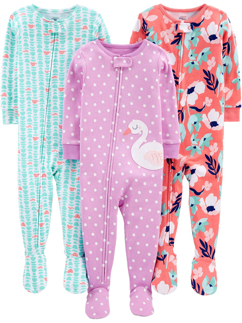 Simple Joys by Carter's Baby Girl's 3-Pack Snug Fit Footed Cotton Pajamas Sleepwear, floral/turtle/swan, 12 Months