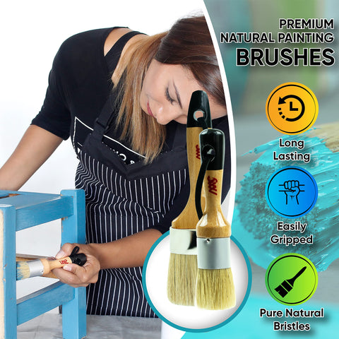 Chalk Paint Brushes Set, Pack of 2 Wax Brush - 2.5 Inches Large, Natural Bristles, Perfect for Furniture Painting, Stencils, Waxing - No Shedding, Superior Paint Pick-Up & Release MODERN ART SUPPLIES A PRODUCT OF SMARTVISION CO