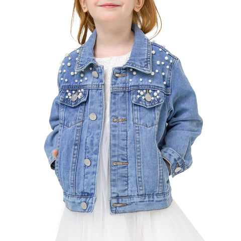 Miipat Toddler Girls Denim Jacket Basic Pearl Jean Jacket Little Kids Outwear Button Down Jean Coat(LightBluePearl,7-8Years)