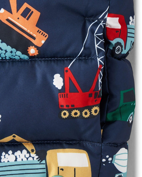 The Children's Place,Baby Boys,and Toddler Boys' Medium Weight Wind-Resistant, Water-Resistant Puffer Jacket,Navy Construction Trucks,5 Years