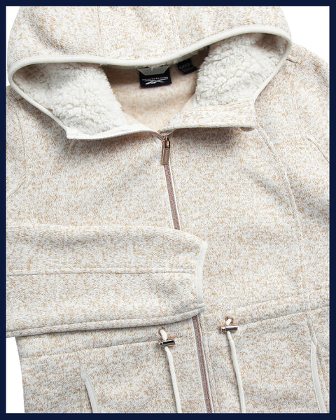 Reebok Womens Fleece Jacket - Lightweight Fleece Jacket Women Sherpa Lined Long Hooded Zip Up Womens Sweaters with Pockets, Size Large, Champagne