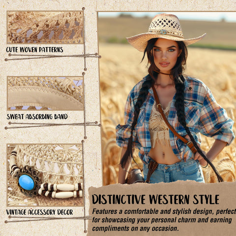 Straw Cowboy Hat Western Cowgirl Hat with Four Decorative Bands, Hat Size Fits 21 7/8 to 23, Wide Brim, Beige