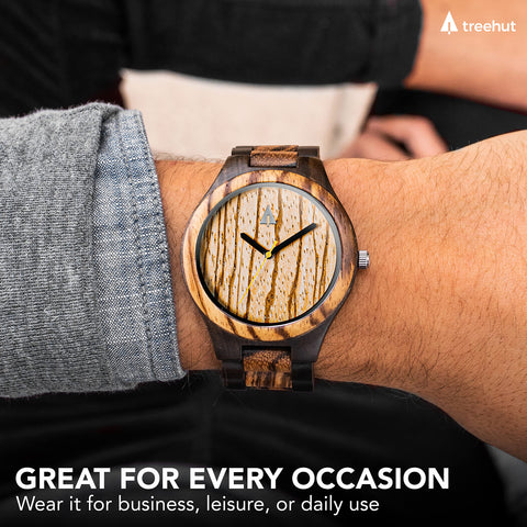 Treehut Men's Wooden Analog Watch with Adjustable Band, Japanese Quartz Movement - Ebony & Zebrawood treehut