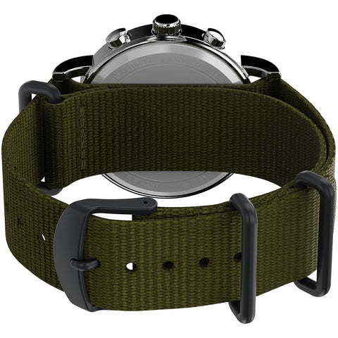 Timex Men's Weekender Chronograph 40mm Watch – Silver-Tone Case Cream Dial with Green Fabric Slip-Thru Strap Timex