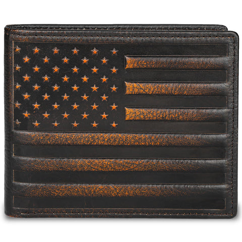 DK86 USA Flag Bifold Wallet for Men RFID Blocking Full Grain Leather With Hand Burnished Extra Capacity Multiple Card Slots with 2 ID Windows DK86