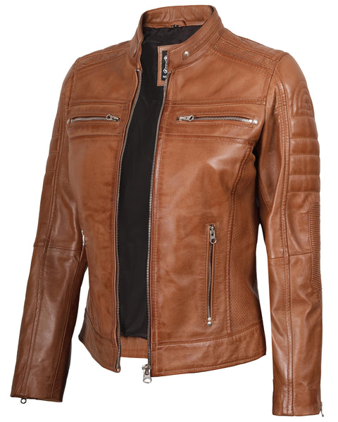 Decrum Brown Leather Jacket Women - Womens Leather Jacket | [1313714] Brown Cafe Racer, L