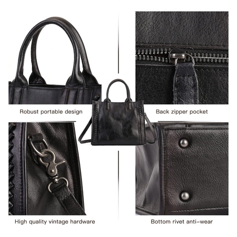 Genuine Leather Handbags Purses for Women Tote Crossbody Top Handle Bag Leather Satchel Handbag for Women Ladies Black Zhuoliang