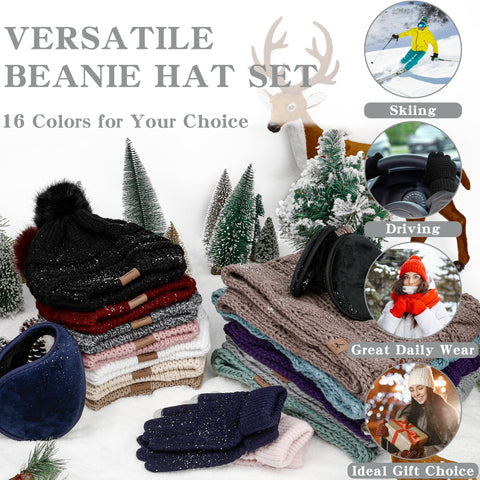 Winter Hat Scarf Gloves and Ear Warmer, Warm Knit Beanie Hat Touch Screen Gloves Set Winter Gifts Neck Scarves for Women Light Gray LOROME