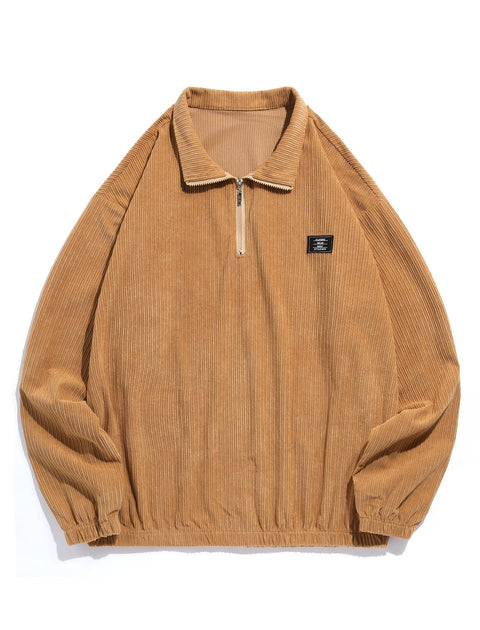 ZAFUL Men's Striped Patch Sweatshirt Quarter Zip Corduroy Kangaroo Pocket Solid Stand Collar Pullover (1-Coffee, XL)