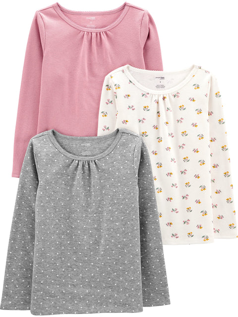 Simple Joys by Carter's Girls' Long-sleeve Thermal Shirts, Pack of 3, Grey Dots/Pink/White Floral, 4
