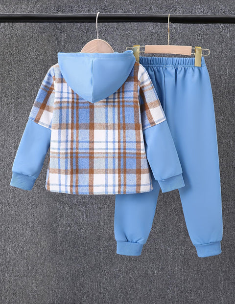 Fdqin 2Pcs Kids Boys Flannel Plaid Shirt Tops Pants Set Hoodie Sweatsuit for Fall Winter Spring Outfits Blue 9-10Year