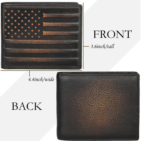 DK86 USA Flag Bifold Wallet for Men RFID Blocking Full Grain Leather With Hand Burnished Extra Capacity Multiple Card Slots with 2 ID Windows DK86