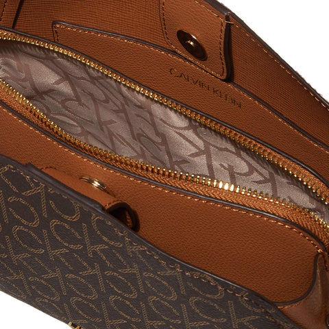 Calvin Klein Hailey Signature Triple Compartment Chain Crossbody, Brown/Khaki/Caramel Linear Calvin Klein