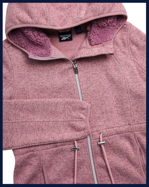 Reebok Womens Fleece Jacket - Lightweight Fleece Jacket Women Sherpa Lined Long Hooded Zip Up Womens Sweaters with Pockets, Size Large, Orchid Pink