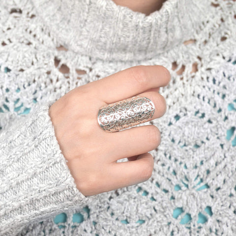 Boho-Magic Sterling Silver Ring for Women Statement Large Wide Band Full Finger (9) Boho-Magic