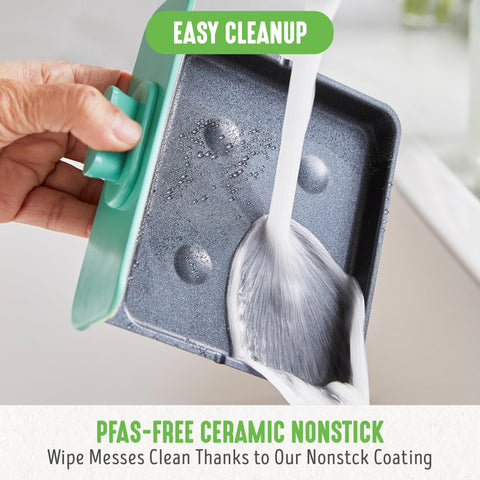 GreenLife 3-in-1 Breakfast Station, Ceramic Nonstick PFAS-Free Dual Griddles for Eggs Meat Pancakes & Sandwiches + 2-Slice Toast Drawer, Healthy Cooking, Timer, Versatile Morning Meal Maker, Turquoise GreenLife