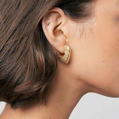 Hey Harper Hoop Gold Engraved Heart Daphne Anisa Earrings For Women Trendy - Lightweight Waterproof & Sweatproof Jewerly