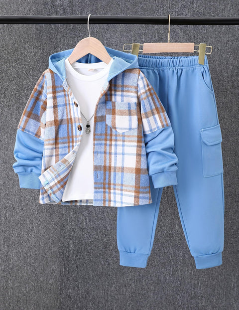 Fdqin 2Pcs Kids Boys Flannel Plaid Shirt Tops Pants Set Hoodie Sweatsuit for Fall Winter Spring Outfits Blue 9-10Year