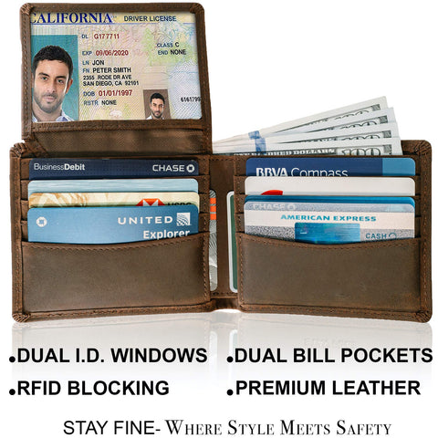 STAY FINE Top Grain Leather Wallet for Men | RFID Blocking | Bifold, Extra Capacity with 2 ID Windows | Ultra Strong Stitching | Slim Billfold with 8 Card Slots | Gift for Him STAY FINE