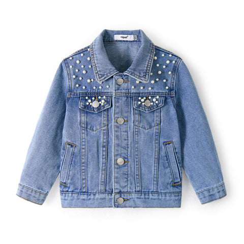 Miipat Toddler Girls Denim Jacket Basic Pearl Jean Jacket Little Kids Outwear Button Down Jean Coat(LightBluePearl,7-8Years)
