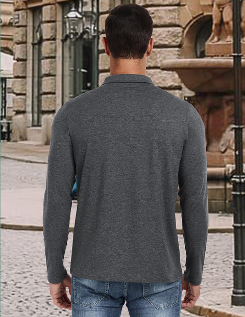 PEGENO Mens Polo Long Sleeve Shirt Classic Button Basic Solid Color Designed Collared Polo Shirt Fashion Casual Golf Shirts Dark Grey X Large