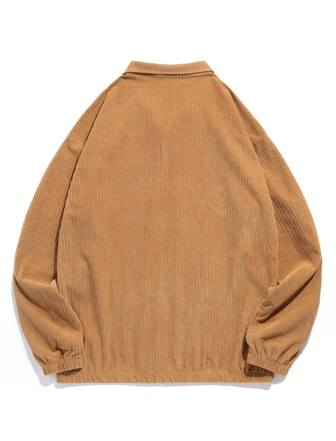 ZAFUL Men's Striped Patch Sweatshirt Quarter Zip Corduroy Kangaroo Pocket Solid Stand Collar Pullover (1-Coffee, XL)