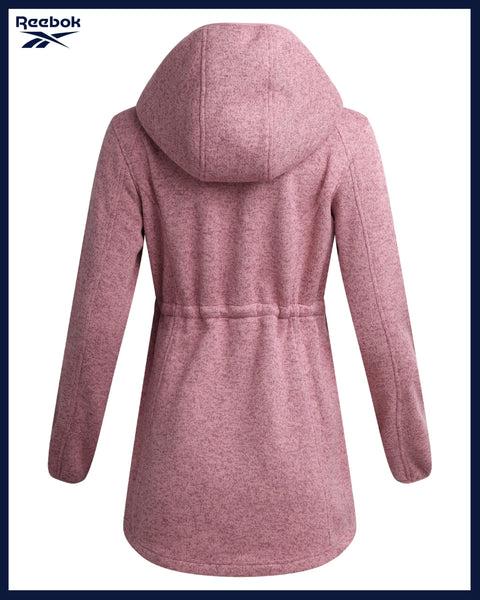 Reebok Womens Fleece Jacket - Lightweight Fleece Jacket Women Sherpa Lined Long Hooded Zip Up Womens Sweaters with Pockets, Size Large, Orchid Pink