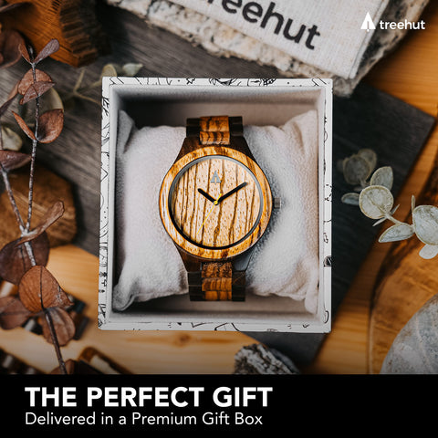 Treehut Men's Wooden Analog Watch with Adjustable Band, Japanese Quartz Movement - Ebony & Zebrawood treehut