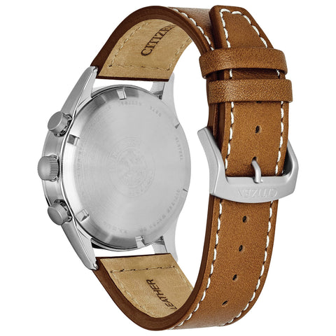 Citizen Men's Eco-Drive Weekender Garrison Chronograph Field Watch in Stainless Steel with Brown Leather strap, Blue Dial (Model: CA0621-05L) Citizen