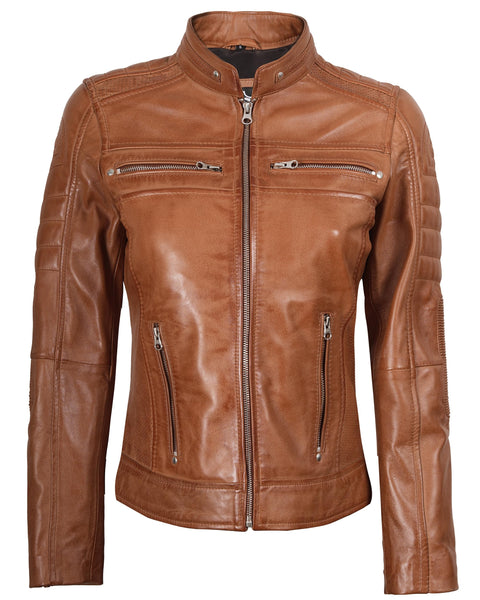 Decrum Brown Leather Jacket Women - Womens Leather Jacket | [1313714] Brown Cafe Racer, L