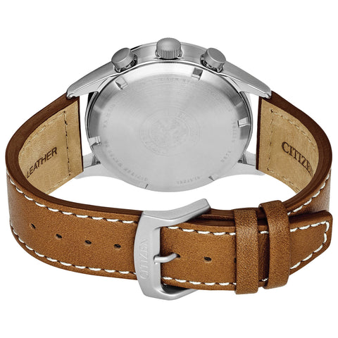 Citizen Men's Eco-Drive Weekender Garrison Chronograph Field Watch in Stainless Steel with Brown Leather strap, Blue Dial (Model: CA0621-05L) Citizen