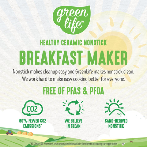 GreenLife 3-in-1 Breakfast Station, Ceramic Nonstick PFAS-Free Dual Griddles for Eggs Meat Pancakes & Sandwiches + 2-Slice Toast Drawer, Healthy Cooking, Timer, Versatile Morning Meal Maker, Turquoise GreenLife