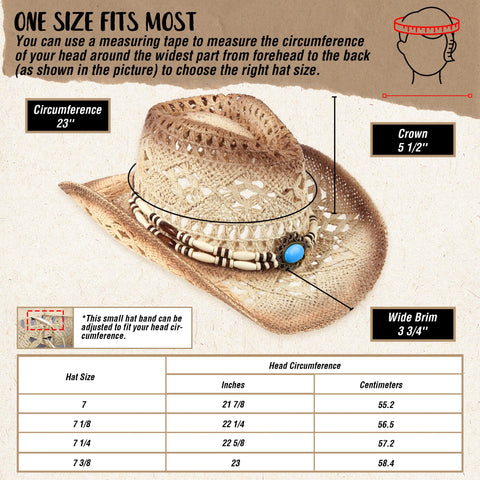 Straw Cowboy Hat Western Cowgirl Hat with Four Decorative Bands, Hat Size Fits 21 7/8 to 23, Wide Brim, Beige