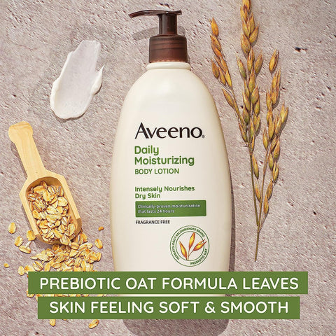 Aveeno Daily Moisturizing Body Lotion, Body Lotion for Dry Skin with Prebiotic Oat, Paraben Free, Fragrance Free, Non-Greasy, Non-Comedogenic Moisturizer, 18 FL OZ Aveeno