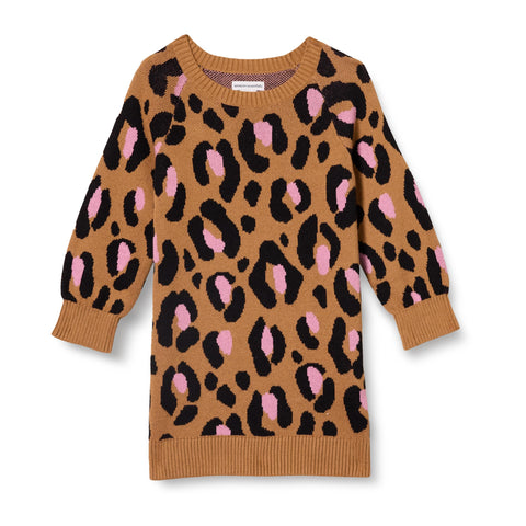 Amazon Essentials Girls' Raglan Sweater Dress, Camel Leopard, X-Small